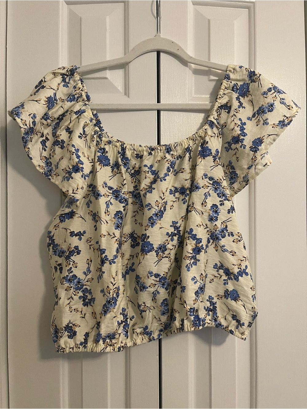 a new day Off Shoulder Cream Cropped Shirt with Blue Floral Print